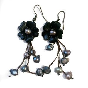 Leather and Pearl Flower Earrings